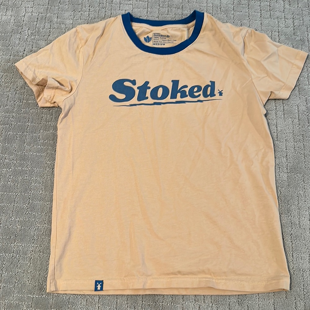 Dutch Bros Women’s ringer medium tee shirt “Stoked” quote.